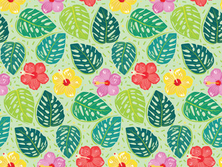 Bright colorful tropical pattern with monstera leaves and hibiscus flowers