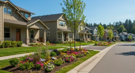 Suburban homes lined with colorful landscaping
