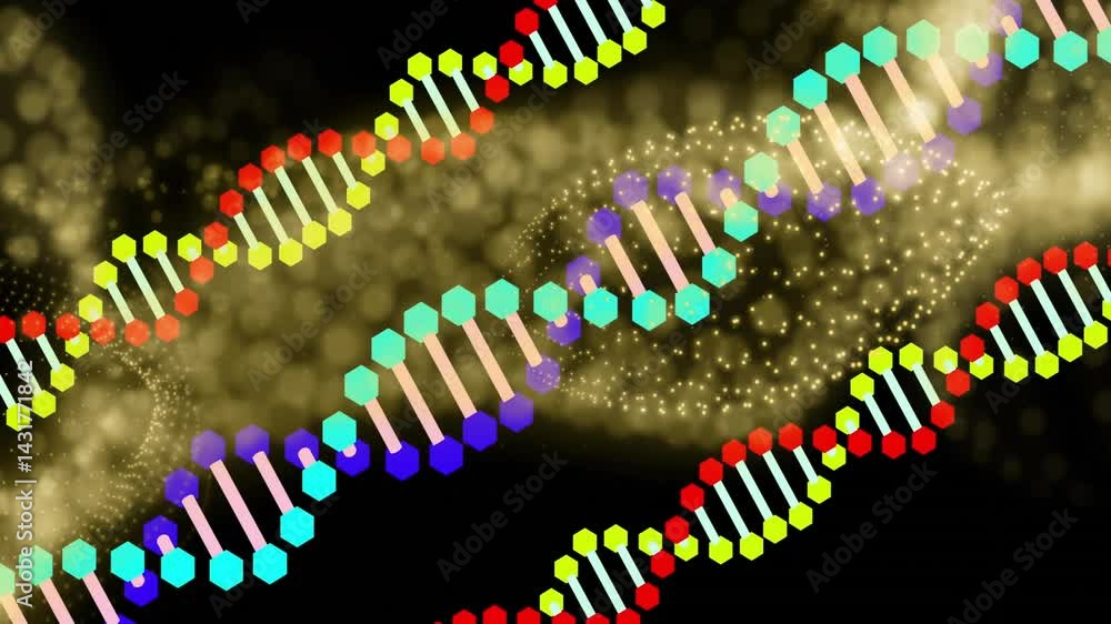 Poster stylized dna double-helix floating over dark space, with hexagon nodes and golden particle waves