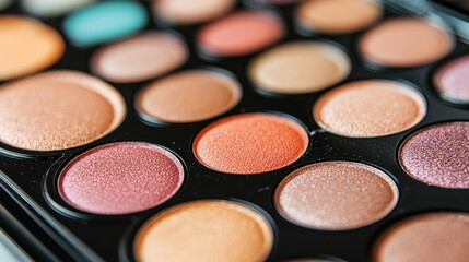 A close-up view of a makeup palette featuring various shades of eyeshadow in warm tones and shimmering finishes.