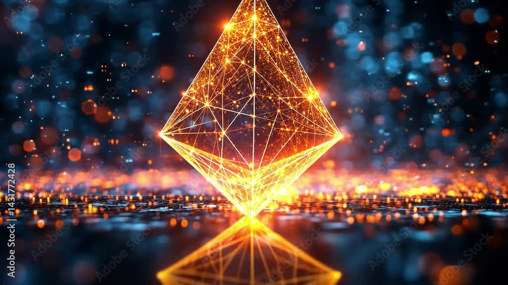 Poster Digital Pyramid: A mesmerizing display of digital particles forms a glowing pyramid against a backdrop of abstract bokeh, embodying the essence of technology, innovation and futuristic designs.