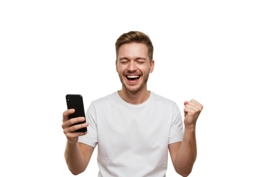 Man in white tee shirt celebrating success with mobile phone, portrait - png, isolated on transparent background