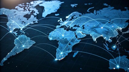 Global network connection over the world. Internet Concept of global business.World map with glowing lines on dark background. Network and communication concept. 3D Rendering