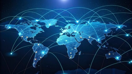 Global network connection over the world. Internet Concept of global business.World map with glowing lines on dark background. Network and communication concept. 3D Rendering