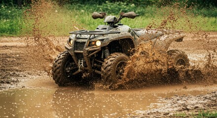 Fototapeta premium ATV splashing through muddy puddle