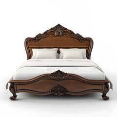 Elegant wooden bed with ornate carvings and white linens on a plain background Sleep in style.