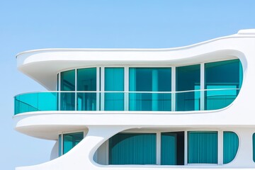Obraz premium Modern architectural facade with turquoise windows and smooth curves.