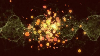 Green mesh DNA helix moving across dark brown backdrop, showing glowing orange yellow red bokeh - Powered by Adobe