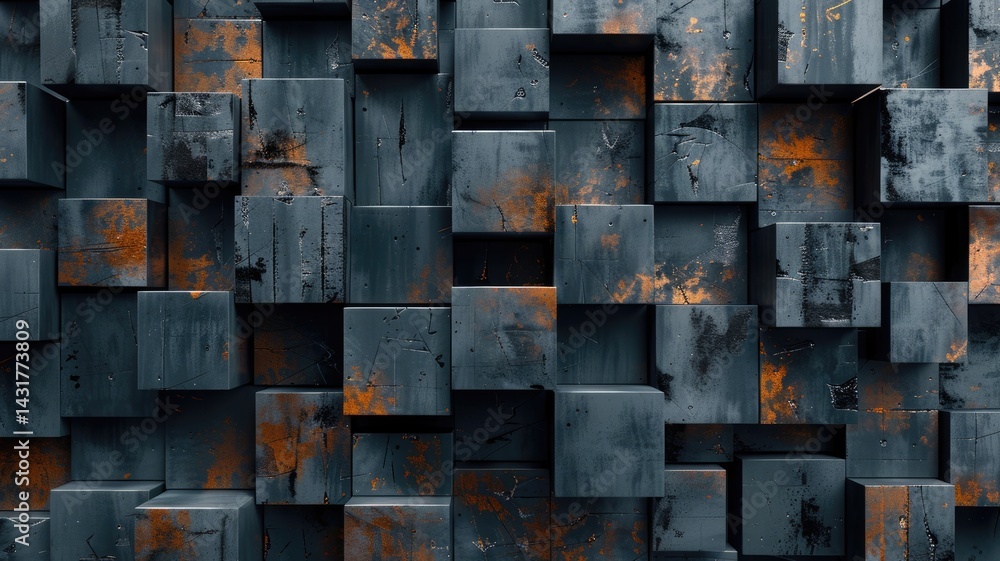 Poster abstract metallic geometric blocks in grey and gold. abstract artwork of 3d rendering art with geome