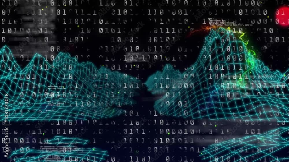 Poster teal 3d wireframe mesh rising through peaks and valleys, cascading binary code and floating points
