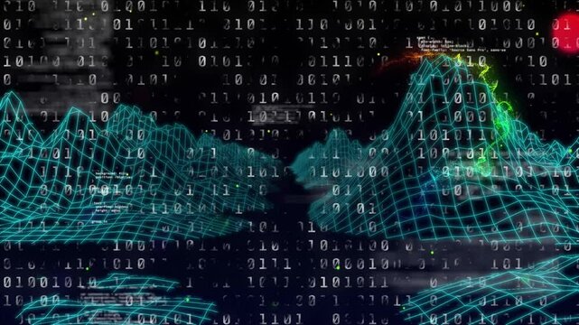Teal 3D wireframe mesh rising through peaks and valleys, cascading binary code and floating points