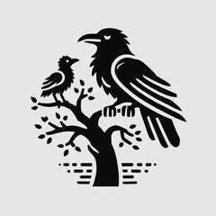 Naklejka premium Crow and Fledgling Perched on a Tree