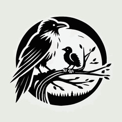 Crow and Fledgling Perched on a Tree