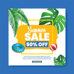 Summer Sale editable Instagram Post, banner, ads template for summer social media post, web banner, square flyer or poster with summer tropical background