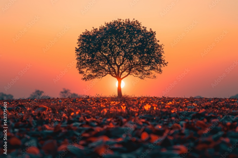 Aufkleber sunset behind a solitary tree in a glowing field. background image of silhouette image of tree growi