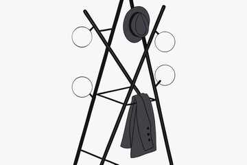 41 Coat rack sculpture, abstract design, minimalist, floating hats and gloves, black metal frame, white spherical ends, navy blue hat, gray fedora, black gloves, geometric composition, modern art inst