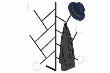 41 Coat rack sculpture, abstract design, minimalist, floating hats and gloves, black metal frame, white spherical ends, navy blue hat, gray fedora, black gloves, geometric composition, modern art inst