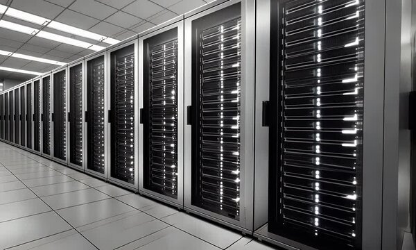 Data center room with rows of server racks, glowing lights, and high-tech systems for cloud storage, security, and digital operations.