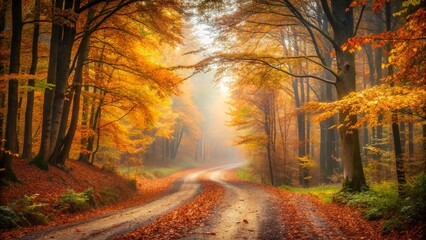 Misty Autumn Forest Road: Winding Dirt Path Through Colorful Fall Foliage