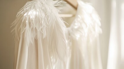 Close-up of blouse with feather accents in elegant boutique. Soft pastel tones and luxurious textures make this scene perfect for fashion and retail visuals.