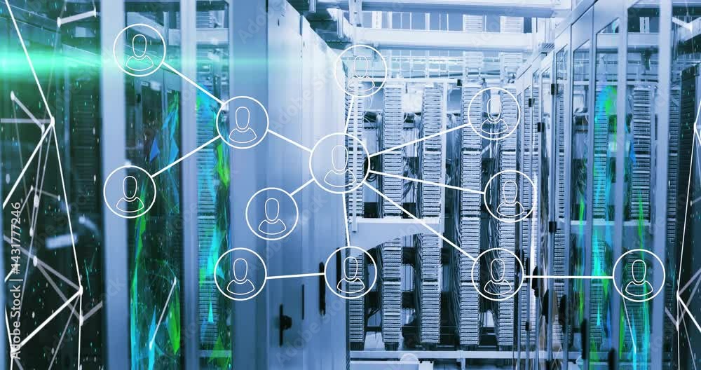Poster server racks lining aisle with user-node icons connecting equipment and 3d shapes hovering