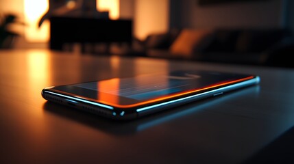 A smartphone rests on a table, illuminated by warm ambient lighting.