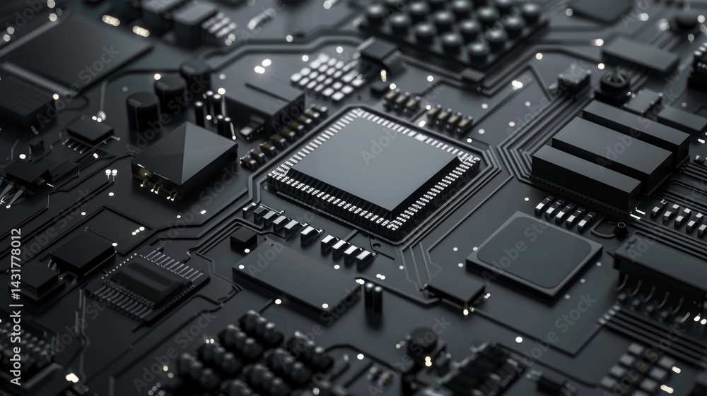 Poster close up of a circuit board with metallic material. macro photography of motherboard or microchip or
