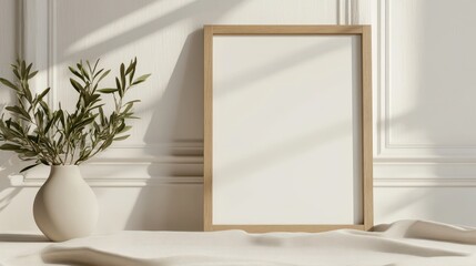 High resulation image of portrait empty wooden frame mockup in sunlight. Olive branch in modern organic shaped vase. Beige linen table cloth. White wainscot wall paneling background.
