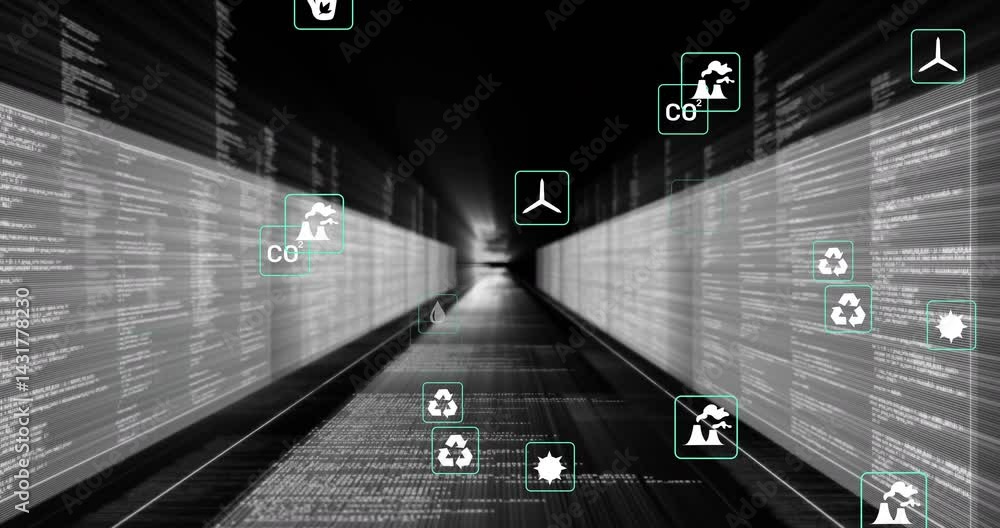 Poster digital corridor showcasing floating eco and economic icons and panels displaying scrolling code