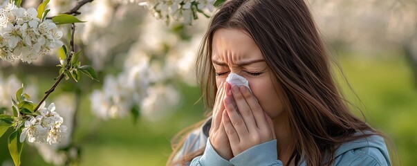 Woman experiencing seasonal allergy amidst blooming flowers in a sunny garden