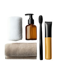 Luxury bathroom essentials amber bottle black toothbrush towels