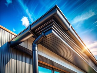 Naklejka premium Modern Black Gutters on Modern Building Sunny Sky - Architectural Detail Stock Photo