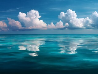 Obraz premium Calm ocean reflecting beautiful cumulus clouds in a sunny day