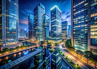 Fototapeta premium Modern Business District Skyscrapers at Night - Stunning City Architecture Photography