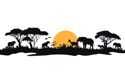 African Safari Silhouette with Wildlife and Sun in Savanna Landscape Panorama