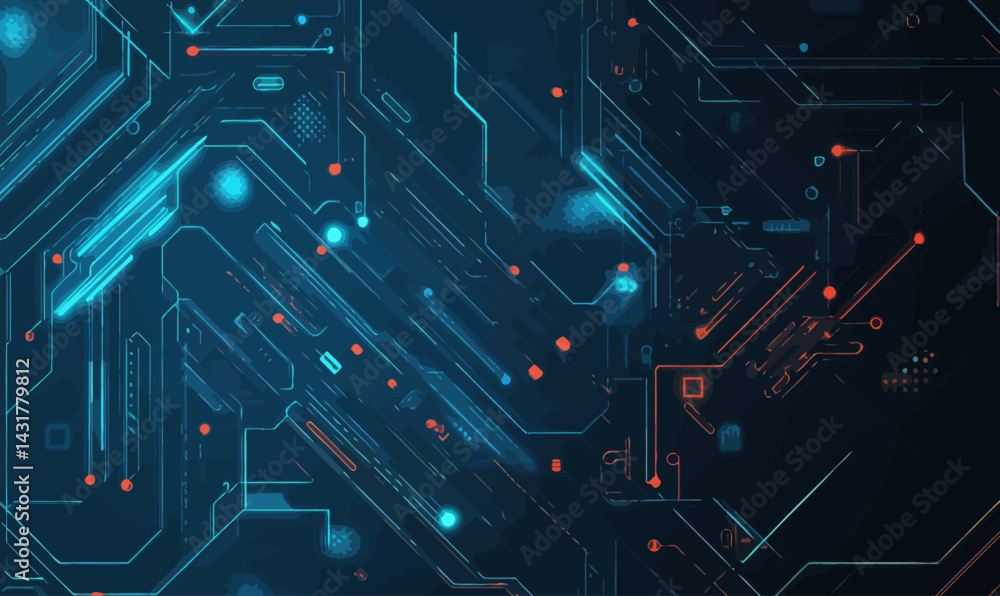 Poster futuristic circuit board design with neon technology and abstract patterns