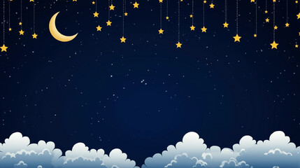 Night sky with crescent moon and stars above fluffy clouds at dusk