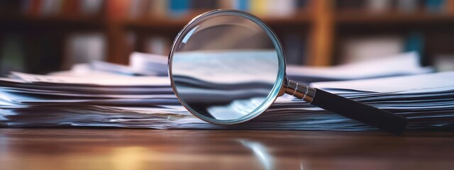 A magnifying glass rests on a stack of papers, suggesting investigation or analysis.