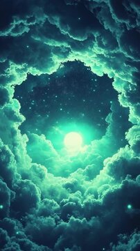 Fantasy view upwards to a bright moon shining through a circular opening in blue and green clouds surrounded by stars