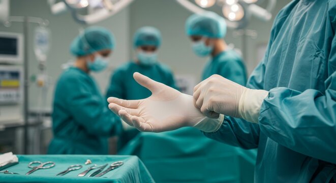 A close-up of a surgeon putting on sterile gloves before an operation. The background is a clean surgical room, with other staff slightly out of focus.