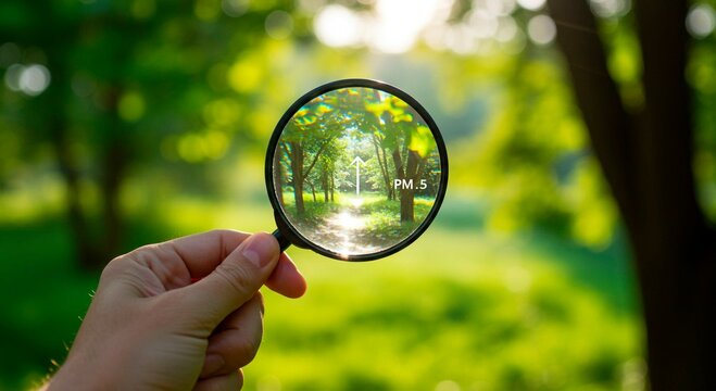 A hand holding a magnifying glass focusing on a path through green trees with pm point five overlay
