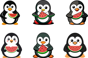Fototapeta premium Cute penguin cartoon characters eating watermelon vector illustration elements set