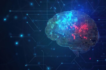 Fototapeta premium AI brain with digital circuit on blue background