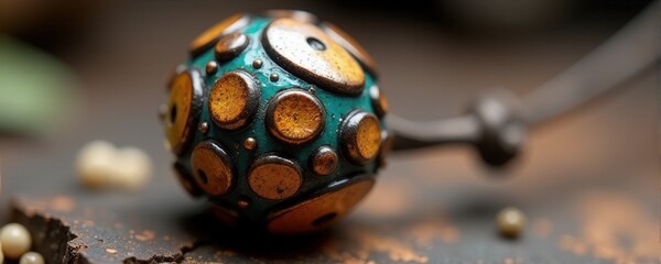 Intricately designed spherical bead with geometric patterns on dark surface.