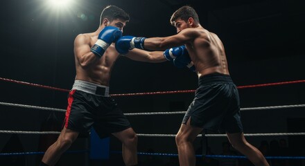 Two male boxers in the middle of a sparring session inside a boxing ring. The lighting is dark with a spotlight effect, emphasizing motion, intensity, and muscle tension. 