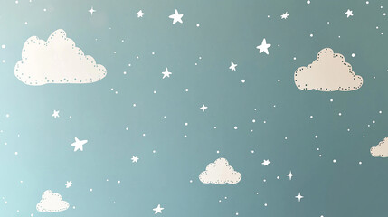 Colorful sky with clouds and stars forms a dreamy, playful backdrop