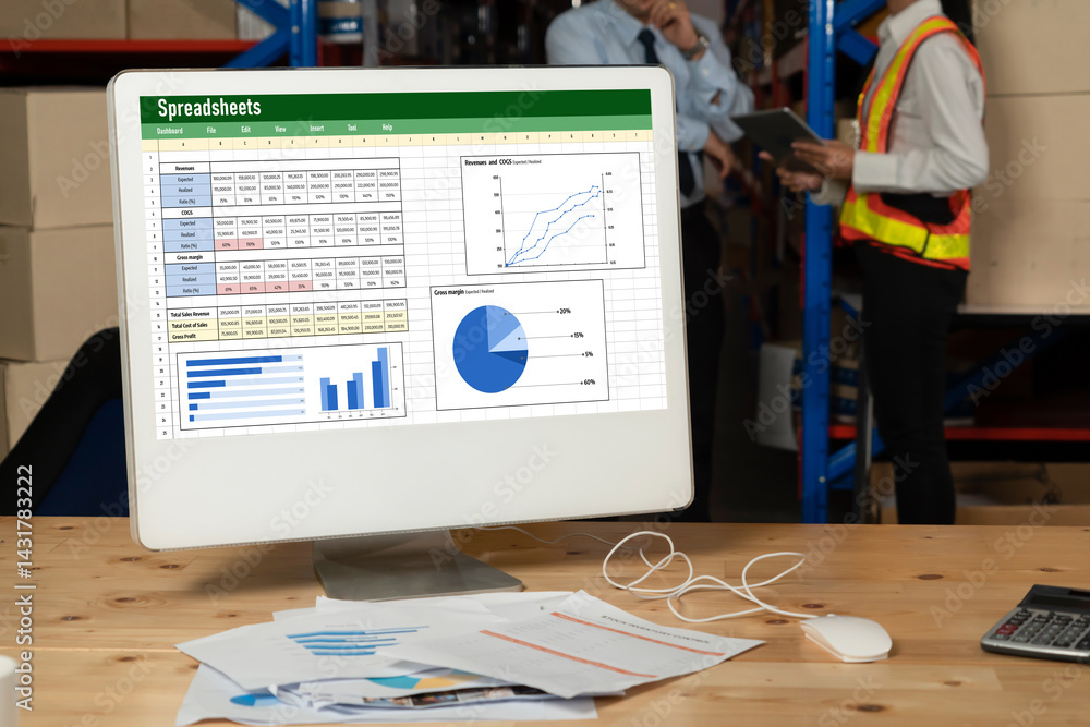 Poster spreadsheet document information financial startup concept. data and graphs in spreadsheet documents