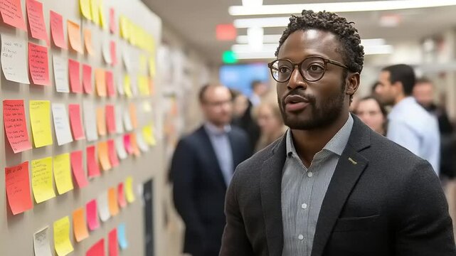 Man in a hallway, brainstorming session