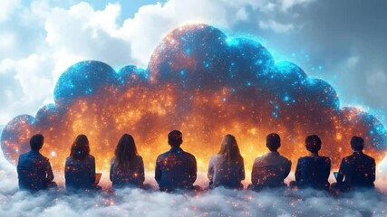 Cloud of Ideas: A group of diverse individuals stands before a stunning cloud formation, representing innovation and collective thought. Their backs are turned, symbolizing unity. - Powered by Adobe