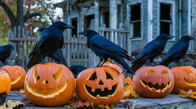 Halloween jack o lantern with pumpkin crow sitting on pumpkins.